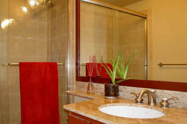 Elegant Guest Bath with Custom Fixtures, located on Main Level near Entry.